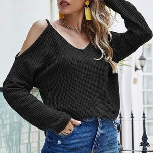 Waffle knit cold shoulder sweater top